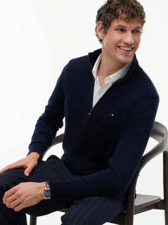 Tommy Hilfiger Tommy Hilfiger Erkek Uzun Kol Dik Yaka Fermuar Kapama Lacivert Kazak MW0MW28050-DW5