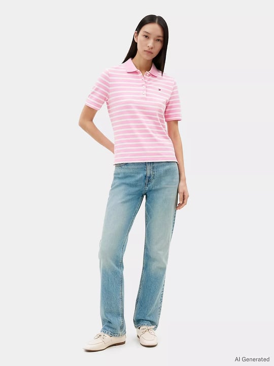 Tommy Hilfiger Tommy Hilfiger Kadın Çizgili Polo Yaka Düğme Kapama Regular Kesim Pembe Polo Yaka T-Shirt WW0WW43224-0EB