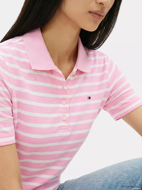Tommy Hilfiger Tommy Hilfiger Kadın Çizgili Polo Yaka Düğme Kapama Regular Kesim Pembe Polo Yaka T-Shirt WW0WW43224-0EB