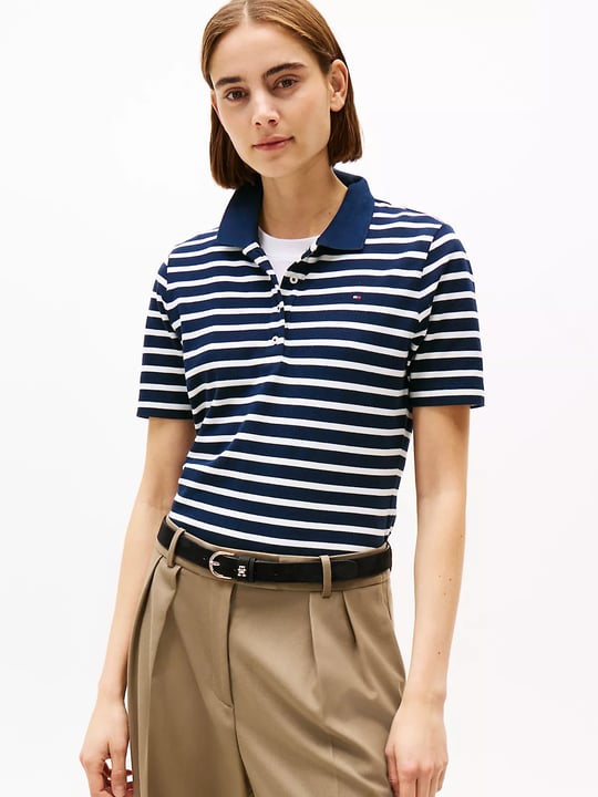 Tommy Hilfiger Tommy Hilfiger Kadın Çizgili Polo Yaka Düğme Kapama Regular Kesim Lacivert Polo Yaka T-Shirt WW0WW43224-0X4