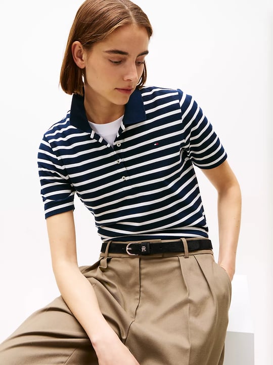 Tommy Hilfiger Tommy Hilfiger Kadın Çizgili Polo Yaka Düğme Kapama Regular Kesim Lacivert Polo Yaka T-Shirt WW0WW43224-0X4