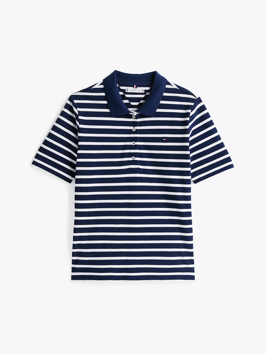 Tommy Hilfiger Tommy Hilfiger Kadın Çizgili Polo Yaka Düğme Kapama Regular Kesim Lacivert Polo Yaka T-Shirt WW0WW43224-0X4