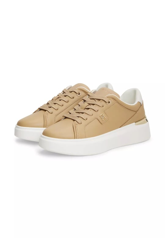Tommy Hilfiger Tommy Hilfiger Kadın Deri Detaylı Düşük Bilekli Rahat Taban Bej Sneaker FW0FW09396-ABS