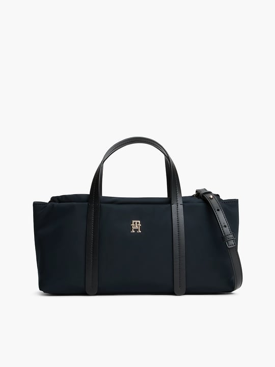 Tommy Hilfiger Tommy Hilfiger Kadın Fermuarlı Çift Saplı Çapraz Askılı TH Monogram Plakalı Siyah Omuz Çantası AW0AW18993-BDS