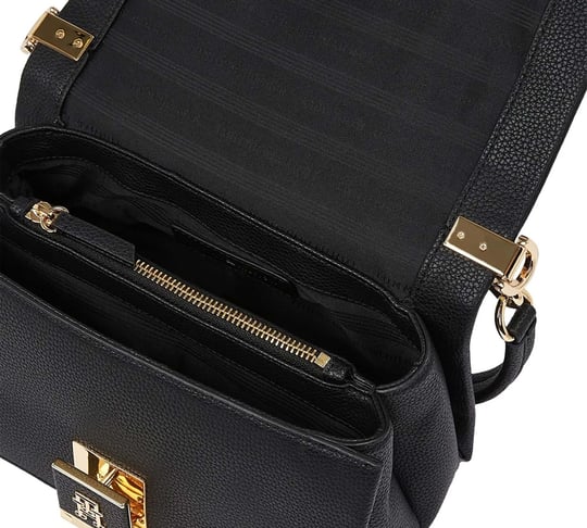 TOMMY HILFIGER Tommy Hilfiger Kadın Gold TH Logolu Çıkarılabilir Omuz Askılı Dokulu Siyah Omuz Çantası AW0AW17216-BDS