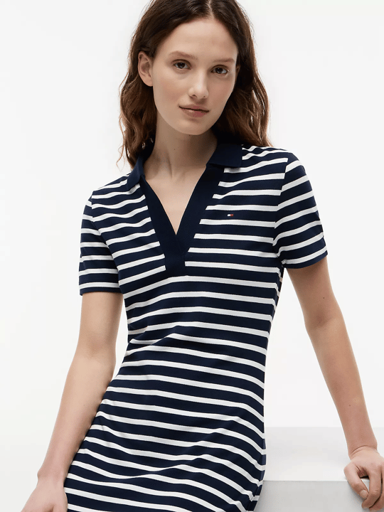 Tommy Hilfiger Tommy Hilfiger Kadın Gömlek Yakalı Bol Kol Detaylı Düğme Kapamalı Lacivert-Beyaz Elbise WW0WW42567-0X4