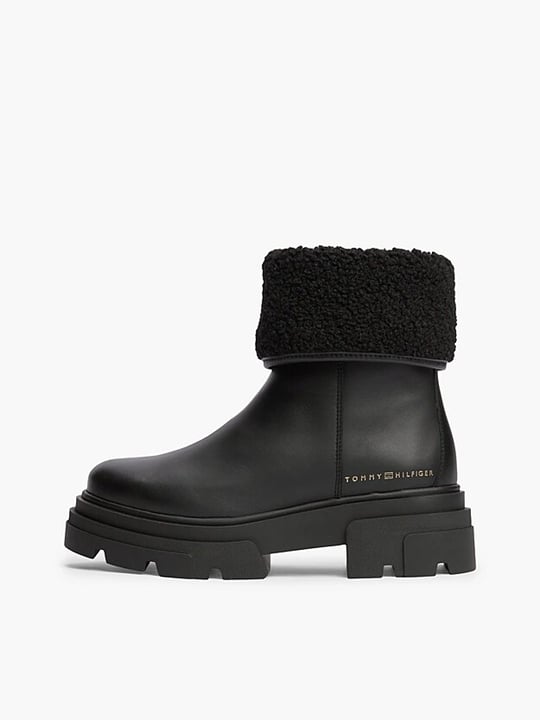 Tommy Hilfiger Tommy Hilfiger Kadın Hakiki Deri Kürk Katlamalı Yaka Fermuarlı Kalın Tırtıklı Tabanlı Metalik Logolu Siyah Bot & Bootie FW0FW09677-BDS