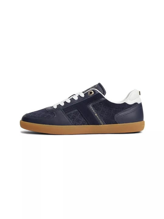 Tommy Hilfiger Tommy Hilfiger Kadın Hakiki Deri Kabartma TH Monogram Desenli Metalik Logolu Kontrast Topuklu Lacivert Sneaker FW0FW09691-DW6