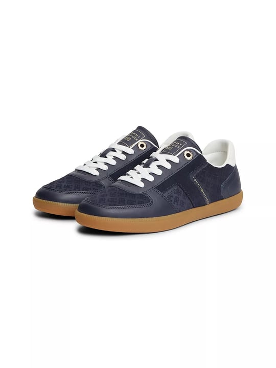 Tommy Hilfiger Tommy Hilfiger Kadın Hakiki Deri Kabartma TH Monogram Desenli Metalik Logolu Kontrast Topuklu Lacivert Sneaker FW0FW09691-DW6