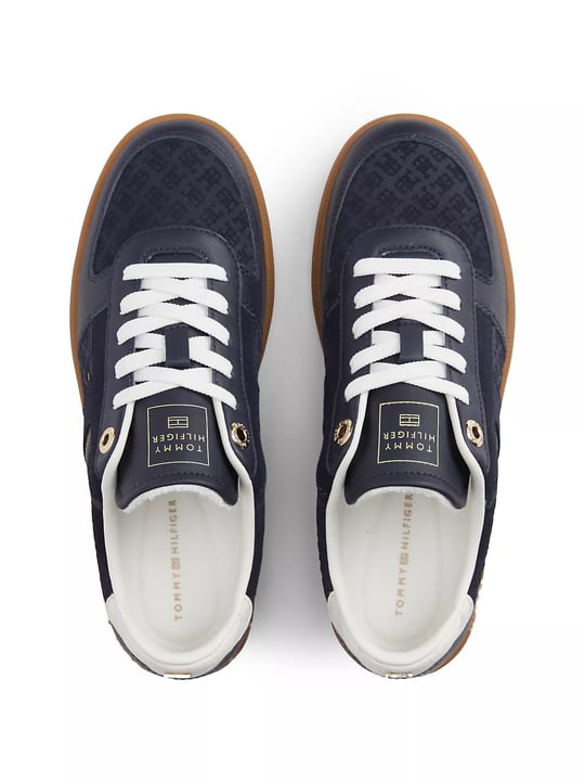 Tommy Hilfiger Tommy Hilfiger Kadın Hakiki Deri Kabartma TH Monogram Desenli Metalik Logolu Kontrast Topuklu Lacivert Sneaker FW0FW09691-DW6