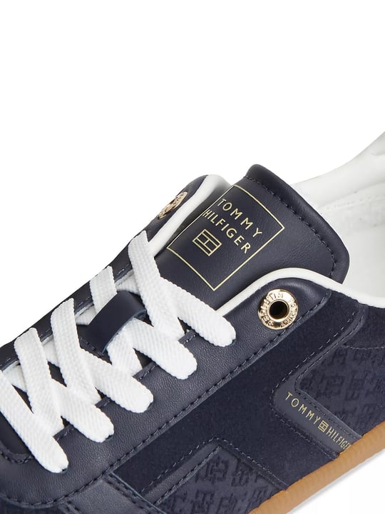 Tommy Hilfiger Tommy Hilfiger Kadın Hakiki Deri Kabartma TH Monogram Desenli Metalik Logolu Kontrast Topuklu Lacivert Sneaker FW0FW09691-DW6