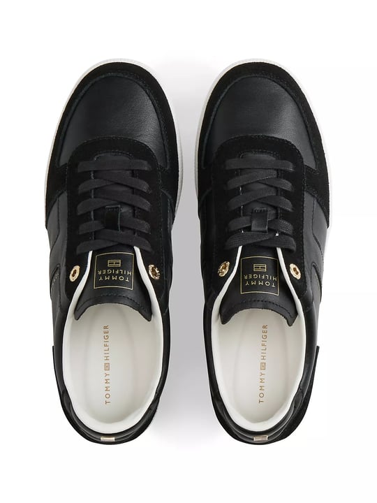 Tommy Hilfiger Tommy Hilfiger Kadın Hakiki Deri Dokulu Panelli Metalik Logolu Bayrak Detaylı Siyah Sneaker FW0FW09483-BDS