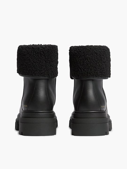 Tommy Hilfiger Tommy Hilfiger Kadın Hakiki Deri Kürk Katlamalı Yaka Fermuarlı Kalın Tırtıklı Tabanlı Metalik Logolu Siyah Bot & Bootie FW0FW09677-BDS