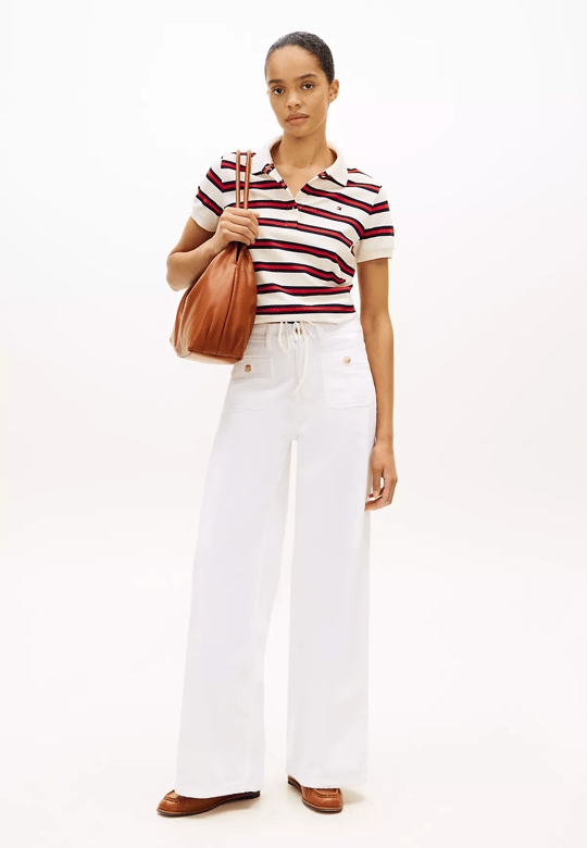 Tommy Hilfiger Tommy Hilfiger Kadın Kalın Renk Çizgili Düğme Kapama Belden Kısmı İp Bağlamalı Beyaz Polo Yaka T-Shirt WW0WW49247-03L