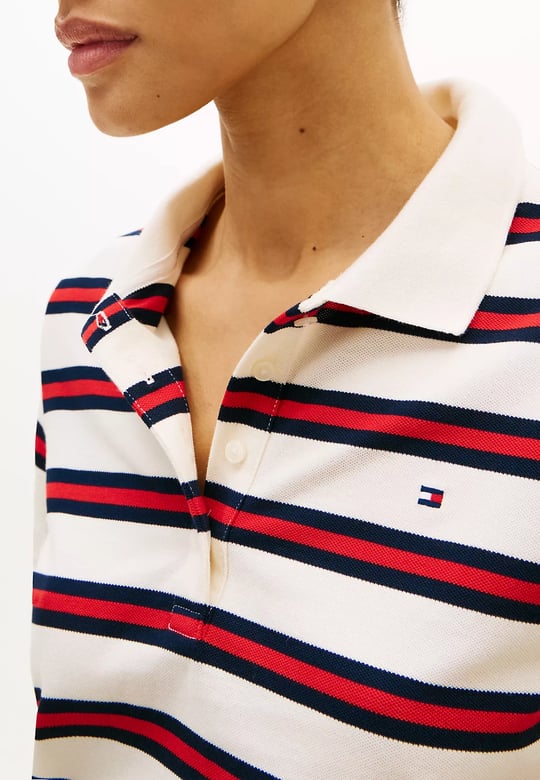 Tommy Hilfiger Tommy Hilfiger Kadın Kalın Renk Çizgili Düğme Kapama Belden Kısmı İp Bağlamalı Beyaz Polo Yaka T-Shirt WW0WW49247-03L