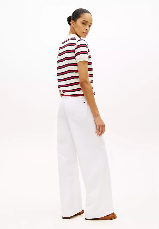Tommy Hilfiger Tommy Hilfiger Kadın Kalın Renk Çizgili Düğme Kapama Belden Kısmı İp Bağlamalı Beyaz Polo Yaka T-Shirt WW0WW49247-03L
