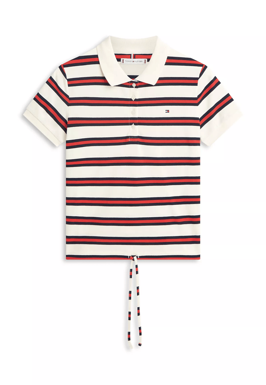 Tommy Hilfiger Tommy Hilfiger Kadın Kalın Renk Çizgili Düğme Kapama Belden Kısmı İp Bağlamalı Beyaz Polo Yaka T-Shirt WW0WW49247-03L