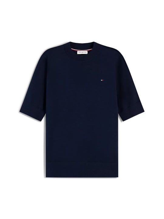 Tommy Hilfiger Tommy Hilfiger Kadın Kısa Kol Çizgi Desen Yuvarlak Yaka Regular Fit Lacivert Kazak WW0WW49705-C1G
