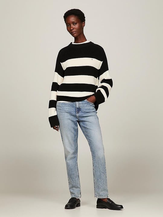 Tommy Hilfiger Tommy Hilfiger Kadın Logolu Yuvarlak Yakalı Uzun Kollu Günlük Kullanım Siyah-Beyaz Kazak WW0WW40751-0AS
