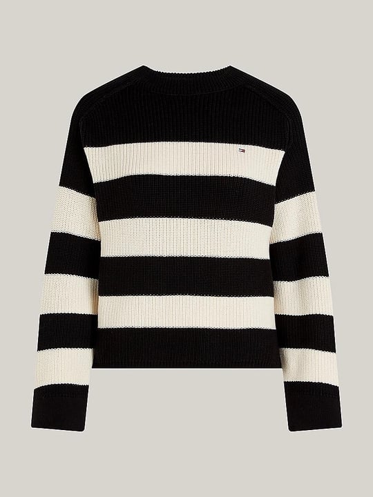 Tommy Hilfiger Tommy Hilfiger Kadın Logolu Yuvarlak Yakalı Uzun Kollu Günlük Kullanım Siyah-Beyaz Kazak WW0WW40751-0AS