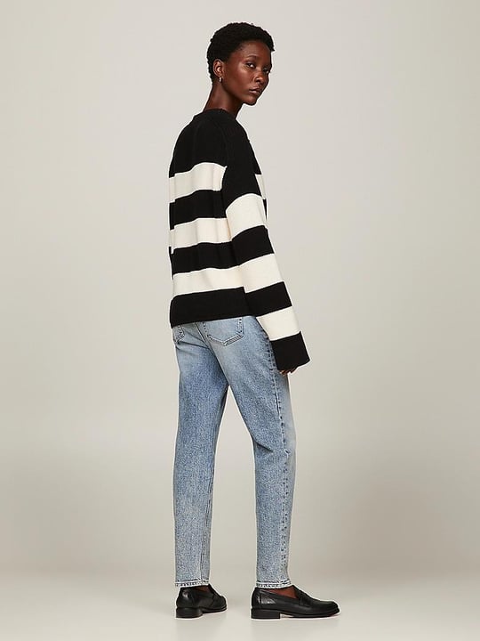 Tommy Hilfiger Tommy Hilfiger Kadın Logolu Yuvarlak Yakalı Uzun Kollu Günlük Kullanım Siyah-Beyaz Kazak WW0WW40751-0AS