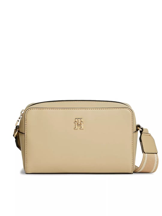 Tommy Hilfiger Tommy Hilfiger Kadın Metalik TH Logolu Fermuarlı Logolu Çapraz Askılı Bej Omuz Çantası AW0AW19060-ACC