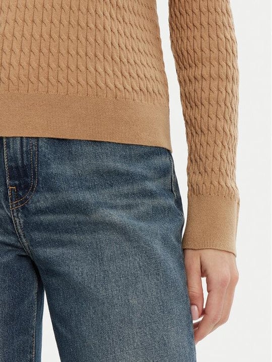 Tommy Hilfiger Tommy Hilfiger Kadın Normal Kalıp Ribana Yakalı Uzun Kollu %100 Pamuklu Örme Bej Kazak WW0WW44993-RBC