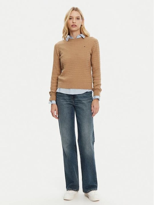 Tommy Hilfiger Tommy Hilfiger Kadın Normal Kalıp Ribana Yakalı Uzun Kollu %100 Pamuklu Örme Bej Kazak WW0WW44993-RBC