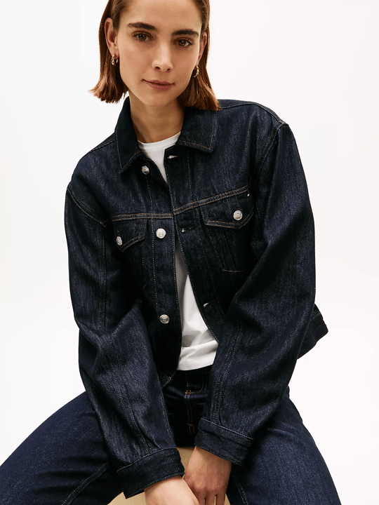 Tommy Hilfiger Tommy Hilfiger Kadın Normal Kalıp Hafif Düşük Omuzlu Uzun Kollu Pamuklu Denim Lacivert Ceket WW0WW49523-1AP