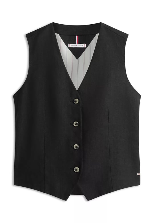 Tommy Hilfiger Tommy Hilfiger Kadın Normal Kesim Tek Düğmeli Keten Siyah Yelek WW0WW50765-BDS