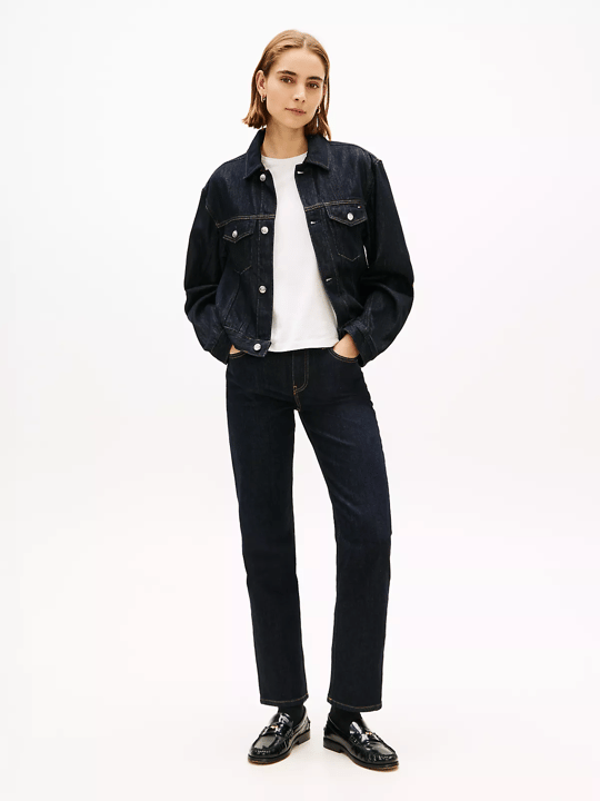 Tommy Hilfiger Tommy Hilfiger Kadın Normal Kalıp Hafif Düşük Omuzlu Uzun Kollu Pamuklu Denim Lacivert Ceket WW0WW49523-1AP
