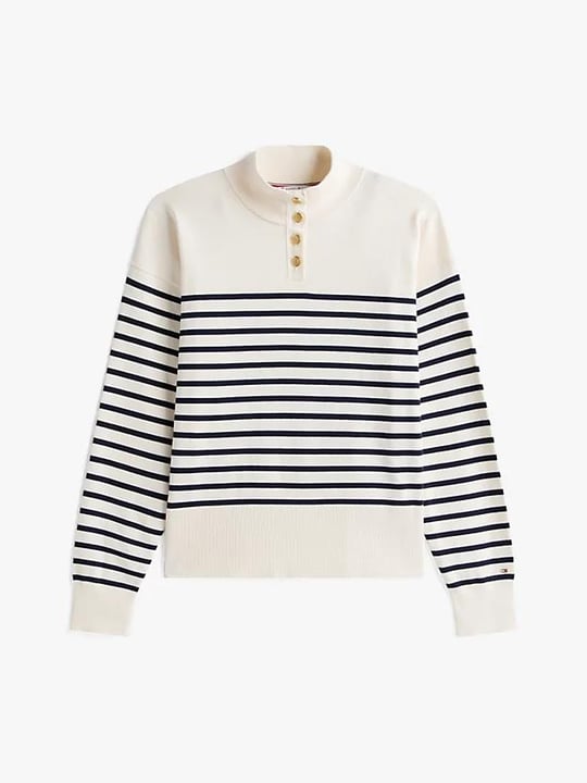 Tommy Hilfiger Tommy Hilfiger Kadın Normal Kalıp Düşük Omuzlu Gold Düğme Detaylı Çizgi Desenli Balıkçı Yaka Beyaz-Lacivert Kazak WW0WW47467-0X2