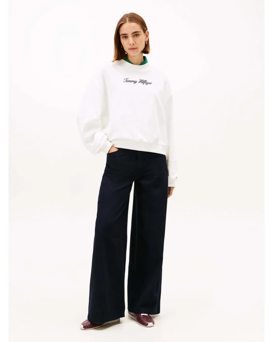 Tommy Hilfiger Tommy Hilfiger Kadın Pamuklu Bisiklet Yaka Uzun Kollu Beyaz Sweatshirt WW0WW48783-YBL