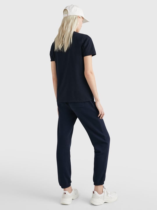 Tommy Hilfiger Tommy Hilfiger Kadın Pamuklu Yuvarlak Yaka Marka Logolu Lacivert T-Shirt WW0WW37877-DW5