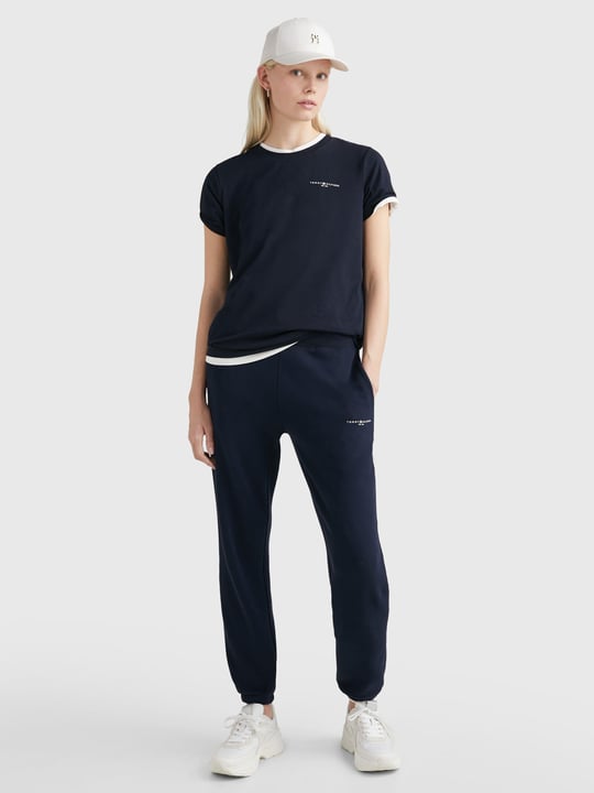 Tommy Hilfiger Tommy Hilfiger Kadın Pamuklu Yuvarlak Yaka Marka Logolu Lacivert T-Shirt WW0WW37877-DW5