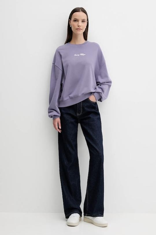 Tommy Hilfiger Tommy Hilfiger Kadın Pamuklu Rahat Kalıp Yuvarlak Yakalı Düşük Omuzlu Mor Sweatshirt WW0WW48269-W0G