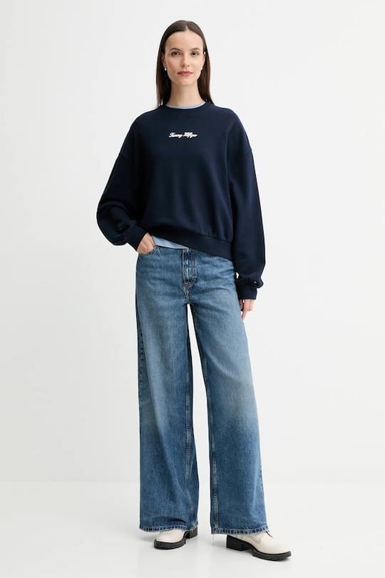 Tommy Hilfiger Tommy Hilfiger Kadın Pamuklu Rahat Kalıp Yuvarlak Yakalı Düşük Omuzlu Lacivert Sweatshirt WW0WW48269-C1G