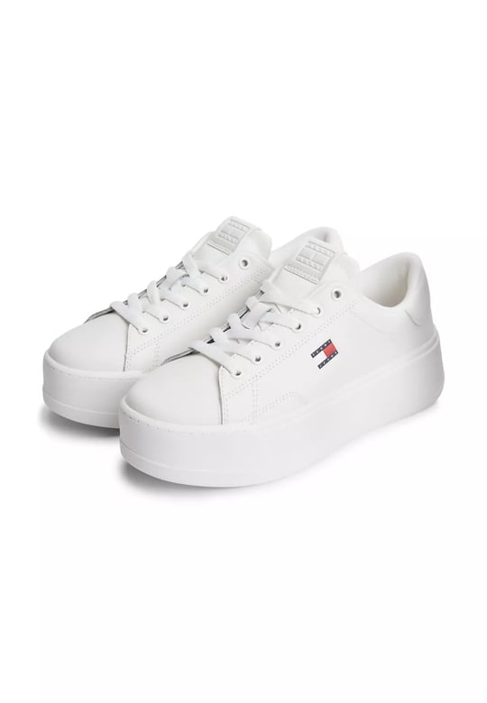Tommy Hilfiger Tommy Hilfiger Kadın Platform Tabanlı Düşük Bilekli Logo Detaylı Deri Beyaz Sneaker EN0EN02961-YBL