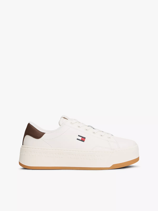 Tommy Hilfiger Tommy Hilfiger Kadın Platform Tabanlı Düşük Bilekli Logo Detaylı Deri Beyaz-Kahverengi Sneaker EN0EN02961-0HH