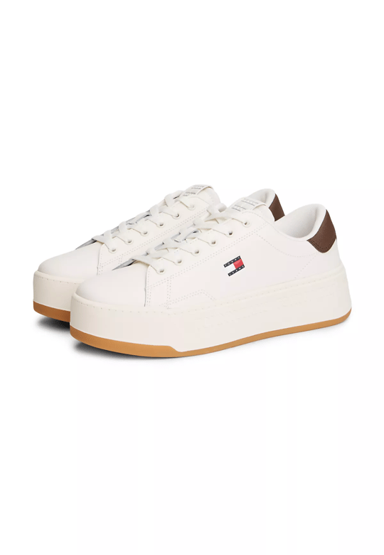 Tommy Hilfiger Tommy Hilfiger Kadın Platform Tabanlı Düşük Bilekli Logo Detaylı Deri Beyaz-Kahverengi Sneaker EN0EN02961-0HH