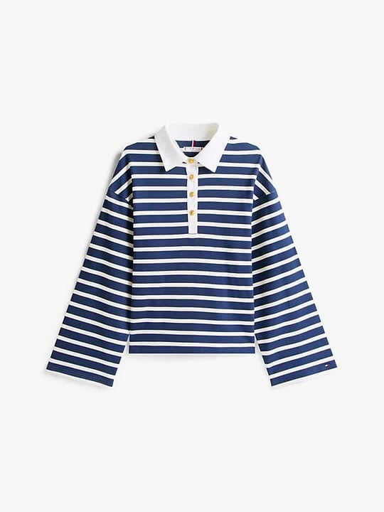 Tommy Hilfiger Tommy Hilfiger Kadın Rahat Kalıp Pamuklu Çizgi Desenli Uzun Kollu Mavi-Beyaz Sweatshirt WW0WW47457-0Y7