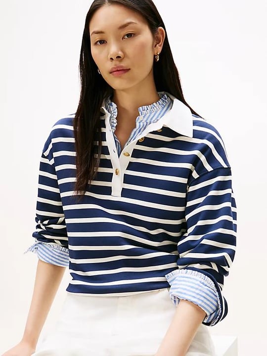 Tommy Hilfiger Tommy Hilfiger Kadın Rahat Kalıp Pamuklu Çizgi Desenli Uzun Kollu Mavi-Beyaz Sweatshirt WW0WW47457-0Y7