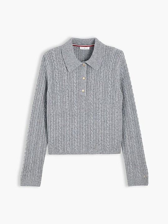 Tommy Hilfiger Tommy Hilfiger Kadın Regular Fit Yün İpek Karışımlı Saç Örgülü Üç Düğmeli  Metal Logolu Gri Kazak WW0WW52222-P7D