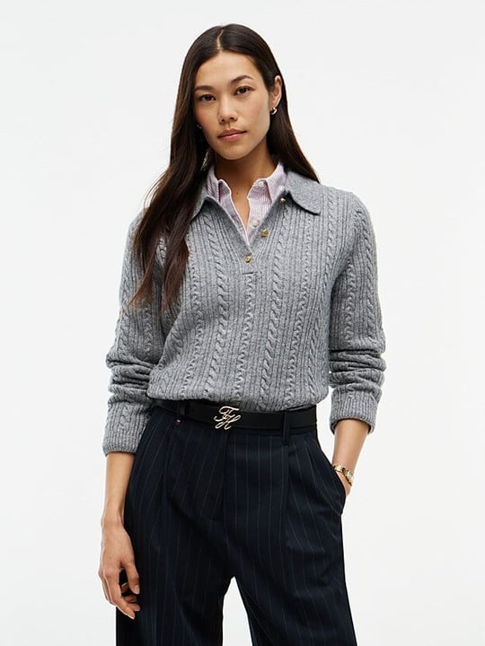 Tommy Hilfiger Tommy Hilfiger Kadın Regular Fit Yün İpek Karışımlı Saç Örgülü Üç Düğmeli  Metal Logolu Gri Kazak WW0WW52222-P7D