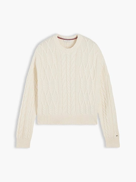 Tommy Hilfiger Tommy Hilfiger Kadın Relaxed Fit Yün İpek Karışımlı Saç Örgü Detaylı Bisiklet Yaka Düşük Omuzlu Sarı Kazak WW0WW51396-Z00