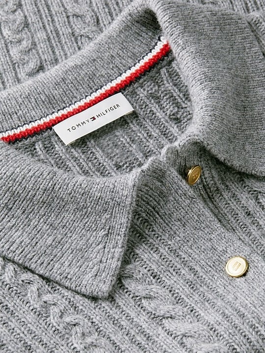 Tommy Hilfiger Tommy Hilfiger Kadın Regular Fit Yün İpek Karışımlı Saç Örgülü Üç Düğmeli  Metal Logolu Gri Kazak WW0WW52222-P7D
