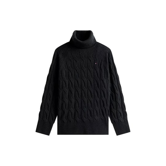 Tommy Hilfiger Tommy Hilfiger Kadın Relaxed Fit Saf Yün Saç Örgülü Balıkçı Yaka Reglan Kollu Siyah Sweater WW0WW46791-BDS