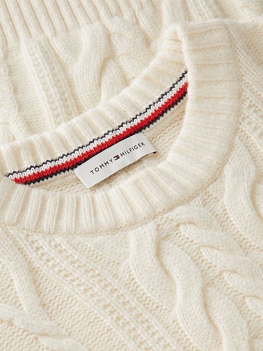 Tommy Hilfiger Tommy Hilfiger Kadın Relaxed Fit Yün İpek Karışımlı Saç Örgü Detaylı Bisiklet Yaka Düşük Omuzlu Sarı Kazak WW0WW51396-Z00