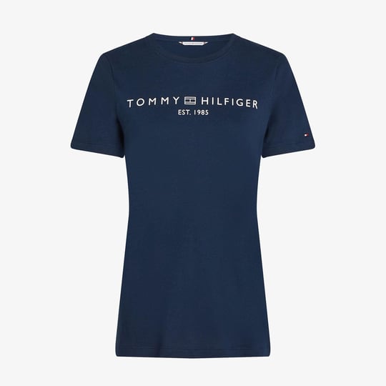 TOMMY HILFIGER Tommy Hilfiger Kadın Saf Pamuklu Yuvarlak Yaka Göğüste Logolu Kısa Kollu Lacivert Bluz WW0WW40276-C1G