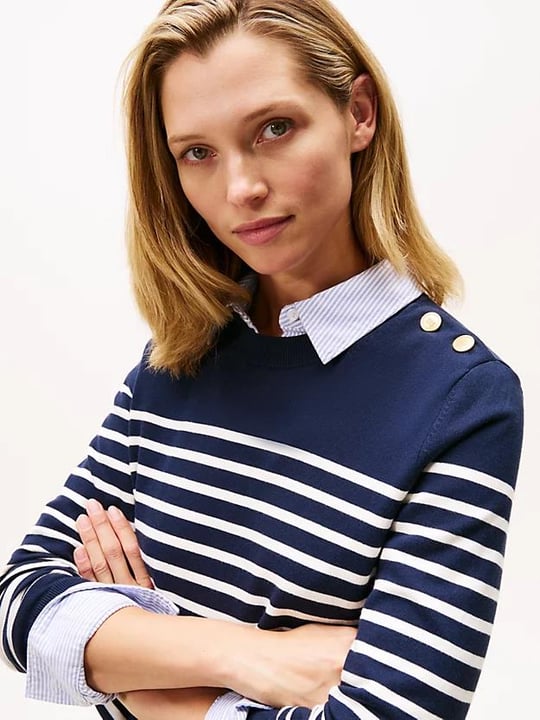 Tommy Hilfiger Tommy Hilfiger Kadın Saf Pamuklu Normal Kalıp Çizgili Gold Düğme Detaylı Uzun Kollu Örgü Lacivert Kazak WW0WW47305-0FI